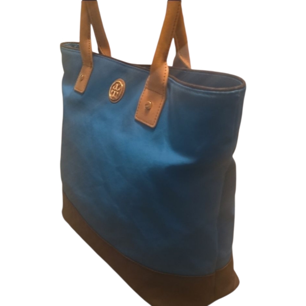 TORY BURCH Jaden Blue Brown Canvas Leather Tote Bag EUC! $250 - Picture 3 of 8